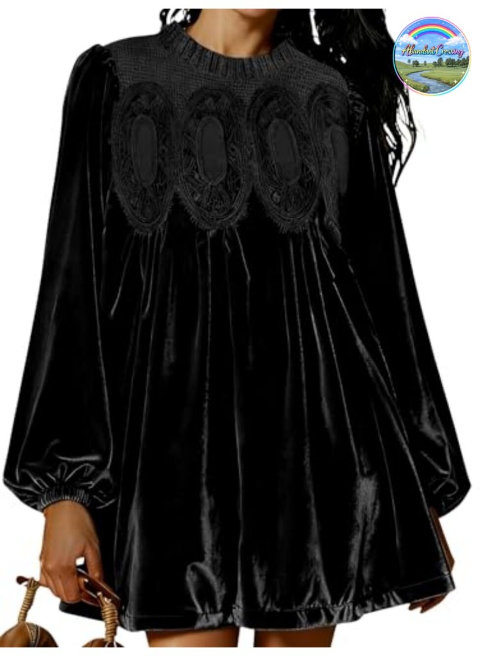 Womens Velvet Lace Babydoll Swing Mini Dress Pleated Scallop Neck A-Line
